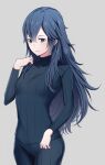  1girl alternate_costume ameno_(a_meno0) blue_eyes blue_hair blue_pants blue_sweater blush closed_mouth commentary_request fire_emblem fire_emblem_awakening grey_background hair_between_eyes lips long_hair long_sleeves looking_at_viewer lucina_(fire_emblem) pants pink_lips ribbed_sweater simple_background smile solo sweater turtleneck turtleneck_sweater 