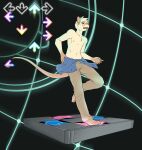  2015 anthro bemani biped biscuit_(biscuits) bottomwear buckteeth claws clothed clothing clothing_around_waist dance_dance_revolution dancing eyebrows eyewear gameplay_mechanics glasses gloves_(marking) gui head_tuft hi_res konami leg_markings malachyte male mammal markings murid murine navel nipples open_mouth pants pink_markings pink_nose rat red_eyes rodent round_glasses shirt_around_waist socks_(marking) solo teeth toe_claws topless topless_male tuft whiskers white_body 