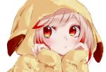  1girl alternate_costume blonde_hair blush chukachuka closed_mouth commentary_request expressionless hands_on_own_cheeks hands_on_own_face highres hood hood_up long_sleeves looking_at_viewer medium_bangs multicolored_hair nanashi_inc. orange_eyes pikachu_costume red_hair seshima_rui short_hair simple_background solo transparent_background two-tone_hair upper_body virtual_youtuber 