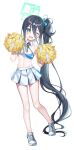  1girl alternate_costume aris_(blue_archive) black_hair blue_archive blue_eyes blush cheerleader commentary contrapposto criss-cross_halter cross-laced_footwear detached_collar dot_nose full_body ha_en halo halterneck highres holding holding_pom_poms long_bangs long_hair looking_at_viewer millennium_cheerleader_outfit_(blue_archive) miniskirt one_eye_closed open_mouth pleated_skirt pom_pom_(cheerleading) side_ponytail sidelocks simple_background skirt solo standing very_long_hair white_background 