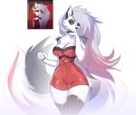  anthro breasts canid canid_demon canine canis cleavage clothed clothing collar demon female fishnet fishnet_legwear fluffy fluffy_tail fur hair hellhound helluva_boss legwear long_hair looking_at_viewer loona_(helluva_boss) mammal phone red_sclera sofit solo tail tight_clothing white_body white_fur 