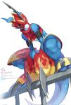  anthro armor athletic athletic_anthro athletic_male bandai_namco belt blue_body claws digimon digimon_(species) flamedramon headgear helmet hi_res male red_eyes solo youzaiyouzai112 