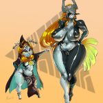  1:1 2023 absurd_res armor big_breasts black_body blush blush_lines breasts clothing duo female gausscannon genitals grey_body hair headgear helmet hi_res huge_breasts huge_thighs humanoid humanoid_pointy_ears midna midna_(true_form) multicolored_body narrowed_eyes navel nintendo one_eye_obstructed orange_hair pussy red_eyes signature size_difference size_swap smile square_crossover standing teeth text the_legend_of_zelda thick_thighs twili twilight_princess wide_hips yellow_sclera 