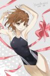  1girl arms_up black_swimsuit breasts brown_eyes brown_hair competition_swimsuit cowboy_shot happy_birthday highres misaka_mikoto one-piece_swimsuit pink_ribbon ribbon short_hair small_breasts solo swimsuit talesofmea toaru_kagaku_no_railgun toaru_majutsu_no_index tokiwadai_school_swimsuit 