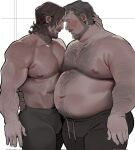  2boys arm_hair bara beard big_belly blush brown_hair bulge chest_hair couple deadman_(death_stranding) death_stranding elinapires_(lewalrus) facial_hair fat fat_man feet_out_of_frame forehead-to-forehead from_side goatee grey_hair hairy heads_together highres large_pectorals male_focus manboobs mature_male multiple_boys muscular muscular_male navel_hair nipples old old_man pants pectoral_docking pectoral_press pectorals profile sam_(death_stranding) sanpaku short_hair thick_eyebrows thick_mustache thighs topless_male track_pants yaoi 