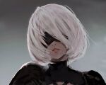  1girl black_blindfold blindfold commentary_request inoitoh medium_hair mole mole_under_mouth nier:automata nier_(series) parted_lips portrait puffy_sleeves solo turtleneck white_hair yorha_no._2_type_b 