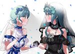  2girls aqua_hair bang_dream! black_dress black_gloves bridal_veil dress flower gloves green_eyes highres hikawa_hina hikawa_sayo long_hair multiple_girls rose short_hair siblings sisters strapless strapless_dress twins veil wedding_dress white_dress white_gloves wife_and_wife yuri zihacheol 