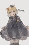  1girl absurdres animal_ears arknights blonde_hair cat_ears cat_girl commission dress fang frilled_dress frills green_eyes hat highres holding holding_clothes holding_dress looking_at_viewer miike_(992058) mousse_(arknights) short_hair skeb_commission white_background 