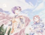  1boy 1girl albert_odyssey armor bracer cape character_request cloud day dress eye_contact headband hood long_hair looking_at_another open_mouth outdoors purple_hair red_hair standing tenshuyaki 