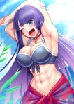  1girl abs absurdres armpits arms_behind_head arms_up bare_shoulders beach biceps bikini black_bikini blue_eyes blush breasts choker cleavage collarbone cross cross_choker fate/grand_order fate_(series) harurukan highres large_breasts long_hair looking_at_viewer martha_(fate) martha_(swimsuit_ruler)_(fate) martha_(swimsuit_ruler)_(first_ascension)_(fate) muscular muscular_female navel one_eye_closed open_mouth purple_hair sarong smile solo swimsuit toned 