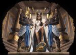  1girl 2boys abs ancient_egyptian_architecture animal_ears ankh ankh_necklace ankle_lace-up anubis_(mythology) armband black_skin breasts brown_eyes brown_hair chirang closed_mouth colored_skin commentary crescent crescent_hair_ornament dark-skinned_female dark-skinned_male dark_skin egyptian_clothes egyptian_mythology expressionless gold_bracelet groin hair_between_eyes hair_ornament hand_on_own_hip highres holding holding_staff indoors jackal jackal_ears jewelry long_bangs long_hair looking_at_viewer multiple_boys muscular muscular_male nemes original pharaoh pillar small_breasts staff standing statue stepped_on symbol-only_commentary thighs usekh_collar 