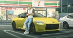  400z 7-eleven anthro blue_eyes bottomwear brown_body brown_fur car clothing crossed_arms denim denim_clothing esszx footwear fur gulonine headlights hi_res japan japanese_text jeans kaelan konbini male mammal marten mustelid musteline night nissan nissan_z pants parking_lot pine_marten shoes smile smiling_at_viewer smirk smirking_at_viewer sneakers solo sports_car text vehicle window yellow_car 