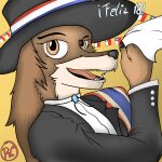  absurd_res anthro black_clothing black_nose black_suit brown_body brown_eyes brown_fur canid canine canine_nose canis cheek_tuft claws cloak clothing collar colored dress_shirt eyebrows eyelashes facial_tuft fangs female flag fur glistening glistening_eyes hair hat headgear headwear hi_res long_hair lucypher_(xdreamers) mammal neck_tuft rcblackdie shaded shirt simple_background simple_shading solo spanish_text star suit teeth text topwear tuft wolf 