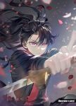  1boy artist_name black_hair c.seryl cherry_blossoms chungmyung holding holding_sword holding_weapon korean_commentary long_hair long_sleeves male_focus motion_blur petals ponytail red_eyes return_of_the_mount_hua_sect serious solo sword weapon 