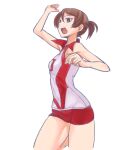  1girl arm_up brown_eyes brown_hair commentary covered_navel frown girls_und_panzer highres kawanishi_shinobu leg_up looking_to_the_side nabeyu open_mouth red_shirt red_shorts shirt short_hair short_ponytail short_shorts shorts simple_background sleeveless sleeveless_shirt solo spiking sportswear standing standing_on_one_leg volleyball_uniform white_background 