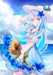  1girl blue_flower blue_hair cococo_moru colored_inner_hair dress flower hair_flower hair_ornament hat highres lize_helesta lize_helesta_(2nd_costume) long_hair multicolored_hair nijisanji purple_eyes sebastian_piyodore smile solo sun_hat sunflower water white_dress white_hair white_headwear yellow_flower 