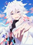  1boy ahoge blue_sky cloud cloudy_sky fate/grand_order fate_(series) flower_knot hair_between_eyes highres hood hood_down hooded_robe inoami0422 long_hair long_sleeves looking_at_viewer male_focus merlin_(fate) petals purple_eyes robe sky smile solo white_hair white_robe 