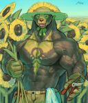  2023 abs alexxxnttt anthro barazoku bear biceps biped brown_body brown_fur clothed clothing day digital_media_(artwork) eyebrows eyes_closed farmer flower fur gloves handwear hat headgear headwear hi_res male mammal muscular muscular_anthro muscular_male navel nipples open_mouth open_smile outside pecs plant sky smile solo sun_bear sunflower tongue topless ursine vein veiny_muscles were wereursid 