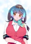  1girl bird_wings black_hair blue_hair blush bow bowtie breasts empty_eyes flight_attendant gloves hat head_wings highres huge_breasts kemono_friends kemono_friends_2 kemono_friends_3 long_hair looking_at_viewer mamiyama multicolored_hair open_mouth passenger_pigeon_(kemono_friends) shirt short_sleeves smile solo travel_attendant vest wings 