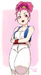  1girl bare_shoulders breasts cowboy_shot dated dragon_quest dragon_quest_iii earrings hair_ornament high_ponytail jewelry merchant_(dq3) open_mouth pink_hair ponytail sash short_hair signature simple_background smile solo stud_earrings tsukudani_(coke-buta) vest 