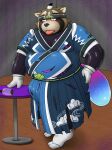  absurd_res accessory anthro asian_clothing belly blush bodysuit brown_body brown_fur bulge canid canine clothing corruption east_asian_clothing fur headband hi_res japanese_clothing kimono kurozatou lifewonders live_a_hero male mammal overweight raccoon_dog rubber shoen skinsuit solo tanuki tight_clothing torn_clothing 