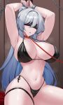  1girl absurdres armpits arms_up bare_arms bdsm bikini black_bikini blindfold bondage bound breasts chain choker cleavage commentary cuffs grey_hair highres honkai:_star_rail honkai_(series) jingliu_(honkai:_star_rail) kanta_(kanta_077) large_breasts leash navel open_mouth red_choker shackles solo stomach swimsuit thigh_strap thighs 