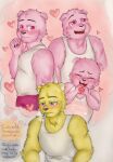  &lt;3 2023 anthro bear blush bottomwear clothing coco_(unicorn_wars) dialogue eyes_closed fur gordi_(unicorn_wars) hi_res kowimarch male mammal pants pink_body pink_fur shirt slightly_chubby smoking spanish_text text topwear unicorn_wars yellow_body yellow_fur 