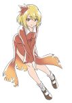  1girl aki_shizuha bare_legs blonde_hair collared_shirt copyright_request full_body gyouza_(mhea5724) highres long_sleeves looking_at_viewer no_pants orange_eyes shirt short_hair simple_background socks solo touhou white_background white_socks wide_sleeves 