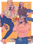  ... 1boy absurdres animal_ears bara beard beer_mug blush bulge cup drunk_tiger_(kuro) facial_hair from_side hair_slicked_back highres kuroshima_kurishiro_(muyi24108414) large_pectorals long_hair male_focus mature_male mug multicolored_hair multiple_views muscular muscular_male mustache_stubble nipples one_eye_closed open_clothes open_shirt original pants pectoral_cleavage pectorals pointing pointing_to_the_side rubbing_nose scar scar_on_chest shy sitting socks spread_legs stomach stubble sweatdrop tail thick_eyebrows thick_tail thick_thighs thighs tiger_boy tiger_ears tiger_tail track_pants two-tone_hair white_hair 
