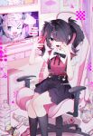  1girl absurdres ame-chan_(needy_girl_overdose) black_hair black_nails black_ribbon black_skirt black_socks brand_name_imitation cameo cellphone chair chouzetsusaikawa_tenshi-chan collared_shirt cup_ramen curtains gaming_chair glitch hair_dryer hair_ornament hair_over_one_eye hands_up heart highres holding holding_phone indoors inset internet_overdose long_hair looking_at_phone messy_room monitor monster_energy multicolored_nails needy_girl_overdose open_mouth peach5828 phone plastic_bottle poster_(object) red_nails red_shirt ribbon selfie shelf shirt shirt_tucked_in sitting skirt smartphone smile socks solo speech_bubble strawberry_milk strong_zero stuffed_toy suspender_skirt suspenders swivel_chair table twintails x_hair_ornament 