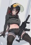  1girl absurdres armor black_thighhighs blue_eyes brown_hair bulletproof_vest ear_piercing earmuffs earphones gloves gun h&amp;k_mp7 hair_between_eyes helmet highres holding holding_gun holding_weapon holster looking_at_viewer magazine_(weapon) midriff original piercing plate_carrier polilla ponytail shorts solo submachine_gun sweatdrop termichan_(not-a-bot) thighhighs visor_(armor) watch weapon 