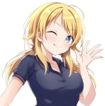  1girl ahoge asashin_(asn) blonde_hair blue_eyes blush bow breasts collarbone dot_nose grey_shirt hachimiya_meguru hair_bow hand_up highres idolmaster idolmaster_shiny_colors large_breasts long_hair looking_at_viewer one_eye_closed shirt short_sleeves simple_background smile solo tongue tongue_out upper_body white_background 