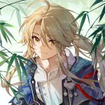 1boy ahoge bamboo blonde_hair blue_jacket branch chinese_clothes closed_mouth copyright floating_hair green_background hair_between_eyes highres honkai:_star_rail honkai_(series) jacket long_hair looking_at_viewer male_focus open_clothes open_shirt parted_bangs ponytail sample_watermark shirt sidelocks simple_background smile solo swept_bangs upper_body watermark white_background white_shirt yanqing_(honkai:_star_rail) yellow_eyes yin01582942 