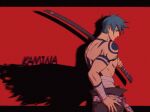  1boy 2608337875 blue_hair chest_tattoo different_shadow from_side hand_on_own_hip highres kamina_(ttgl) katana midriff_sarashi sarashi sheath sheathed solo sword tattoo tengen_toppa_gurren_lagann topless_male weapon 