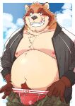  2023 anthro belly big_belly black_nose blush brown_body brown_fur bulge canid canine clothing fur hi_res humanoid_hands kemono male mammal moobs nipples overweight overweight_male raccoon_dog ryuta-h solo tanuki underwear 