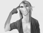  akrolayn ambiguous_species anthro black_sclera bust_portrait clothed clothing digital_media_(artwork) digital_painting_(artwork) female finger_on_head front_view greyscale jacket monochrome pale_skin portrait scalie simple_background smile solo topwear white_background 