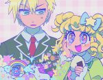  1boy 1girl :d black_jacket blonde_hair blue_bow blush bow brother_and_sister collared_shirt commentary_request food green_eyes green_jacket hair_between_eyes hair_bow hair_ornament hand_on_own_cheek hand_on_own_face hands_up heart highres holding holding_food idol_time_pripara jacket korean_commentary lau_(laustar30) long_hair long_sleeves necktie onigiri open_mouth pink_background pretty_(series) pripara purple_eyes rainbow red_necktie rice_cooker ringlets school_uniform shirt short_hair siblings smile sparkle star_(symbol) star_hair_ornament takki_(pripara) two_side_up unicorn upper_body white_shirt yumekawa_shogo yumekawa_yui 