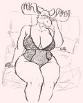  anthro antlers bed big_breasts breasts capreoline cleavage clothed clothing curvy_figure deer female furniture hi_res horn looking_at_viewer mammal mcdoogiy moose nightgown on_bed sitting sitting_on_bed sketch skimpy slightly_chubby solo thick_thighs voluptuous 