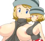  1girl blonde_hair blue_eyes breasts breasts_out closed_mouth commentary_request covered_nipples earrings eyelashes grey_headwear grey_sweater_vest hat jewelry looking_down multiple_views pokemon pokemon_(anime) pokemon_journeys red_skirt serena_(pokemon) simple_background skirt smile sweater_vest tof upper_body white_background 