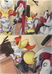  absurd_res anthro blush bottomless bottomless_female bow_(feature) bow_accessory bow_ribbon braixen canid canine claws clothed clothing digital_media_(artwork) duo female flower fur generation_6_pokemon generation_7_pokemon genitals hair hi_res inner_ear_fluff kitchen lycanroc mammal midnight_lycanroc nintendo nude plant pokemon pokemon_(species) pussy sealer4258 shelf smile spiral_eyes tail tuft white_body white_fur yellow_body yellow_fur 