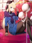  1girl arm_support ass bangs black_headwear blonde_hair blonde_hiar blue_jacket blunt_bangs blurry blurry_foreground blush brown-gloves capelet closed_mouth couch crossed_legs fate/grand_order fate_(series) fur_collar hand_up hat indoors jacket long_hair nami_qi pantyhose purple_capelet reines_el-melloi_archisorte sitting 