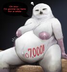  absurd_res anthro areola avian band1tnsfw belly big_areola big_belly big_breasts bird bodily_fluids breast_milking breasts dialogue digital_drawing_(artwork) digital_media_(artwork) english_text female female_anthro hi_res lactating looking_at_belly milk overweight overweight_anthro overweight_female owl portrait simple_background solo speech_bubble stretch_marks text thick_thighs vein veiny_breasts 