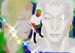  1boy 404notfound_(404_2112) abstract_background diamond_(shape) expressions from_above full_body glint green_hair highres male_focus one_piece painterly pants partially_colored red_eyes roronoa_zoro scar scar_across_eye sheath sheathed shirt short_hair solo t-shirt 