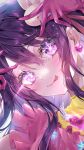  1girl blush close-up dutch_angle earrings eyes_visible_through_hair gloves hair_ornament heart heart_earrings highres hoshino_ai&#039;s_pose hoshino_ai_(oshi_no_ko) jewelry kaidayo looking_at_viewer oshi_no_ko pink_gloves purple_eyes purple_hair rabbit_hair_ornament smile solo star-shaped_pupils star_(symbol) symbol-shaped_pupils tongue tongue_out 