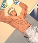  1boy abs armpits arms_up bara biceps bulge dark-skinned_male dark_skin denim electrodes from_below gloves groin headband highres jeans large_pectorals male_focus mature_male mechanic mouth_hold muscular muscular_male navel navel_hair nipples original pants pectorals screw screw_in_mouth screwdriver short_hair sideburns sideways_glance solo stomach sweat thick_eyebrows topless_male white_headband white_pants youchi123 