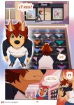  5_fingers anthro avian biped brown_hair canid canine canis clothed clothing comic domestic_dog duo exclamation_point fingers hair hi_res inner_ear_fluff male mammal solo spanish_text speech_bubble text translation_request tuft underwear yuguni yuguni_(yuguni) 