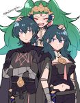  1boy 2girls armor black_armor black_cape black_gloves blue_hair blush byleth_(female)_(fire_emblem) byleth_(fire_emblem) byleth_(male)_(fire_emblem) cape closed_eyes closed_mouth commentary_request crossed_arms dagger do_m_kaeru fire_emblem fire_emblem:_three_houses floating gauntlets gloves green_hair hair_between_eyes hair_ornament hands_on_another&#039;s_head knife long_hair looking_at_viewer multiple_girls navel open_mouth pointy_ears purple_eyes sheath simple_background smile sothis_(fire_emblem) teeth twintails twitter_username upper_teeth_only very_long_hair weapon white_background 