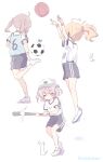  3girls ahoge ball baseball baseball_bat baseball_cap basketball black_shorts blonde_hair blue_bow blue_eyes blush_stickers bow bracelet class_number closed_eyes closed_mouth collarbone from_behind from_side grey_hair gym_shirt gym_shorts hair_bow hair_ribbon hat heart heart_ahoge highres holding holding_baseball_bat jersey jewelry multiple_girls original ponytail purple_hair raised_eyebrows ribbon ruten_(onakasukusuku) shirt shoes short_sleeves short_twintails shorts sidelocks simple_background sneakers soccer_ball striped striped_shirt striped_shorts tearing_up twintails twitter_username two_side_up vertical-striped_shirt vertical-striped_shorts vertical_stripes watermark white_background white_footwear white_shirt 