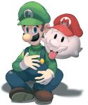  2boys black_eyes blue_eyes blue_overalls boo_mario brown_footwear facial_hair ghost gloves green_headwear green_shirt highres hiyashimeso luigi mario mario_(series) multiple_boys mustache overalls red_headwear shirt sweatdrop tongue tongue_out torn_clothes white_background white_gloves 