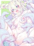  blonde_hair blurry blurry_background breasts character_request copyright_request green_background green_eyes hair_between_eyes highres kupa_(jesterwii) medium_breasts nipples open_mouth restrained short_hair tentacle_sex tentacles two-tone_background vaginal virtual_youtuber white_background 